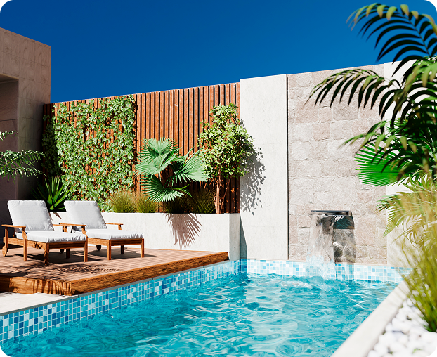 Outdoor poolside with waterfall feature