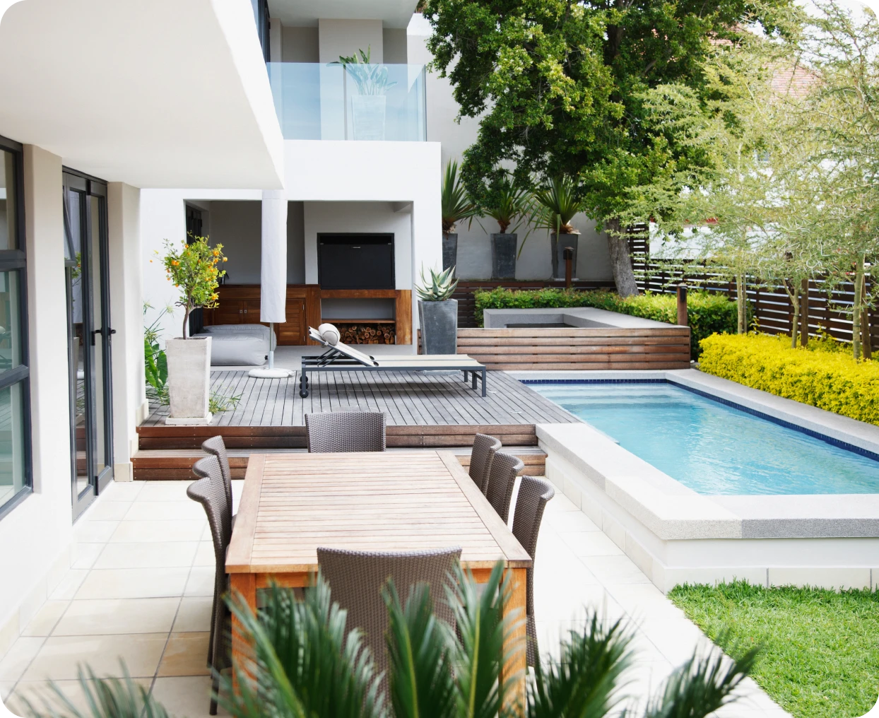 Luxurious backyard with pool and seating