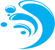 Stylized blue wave graphic with bubbles.